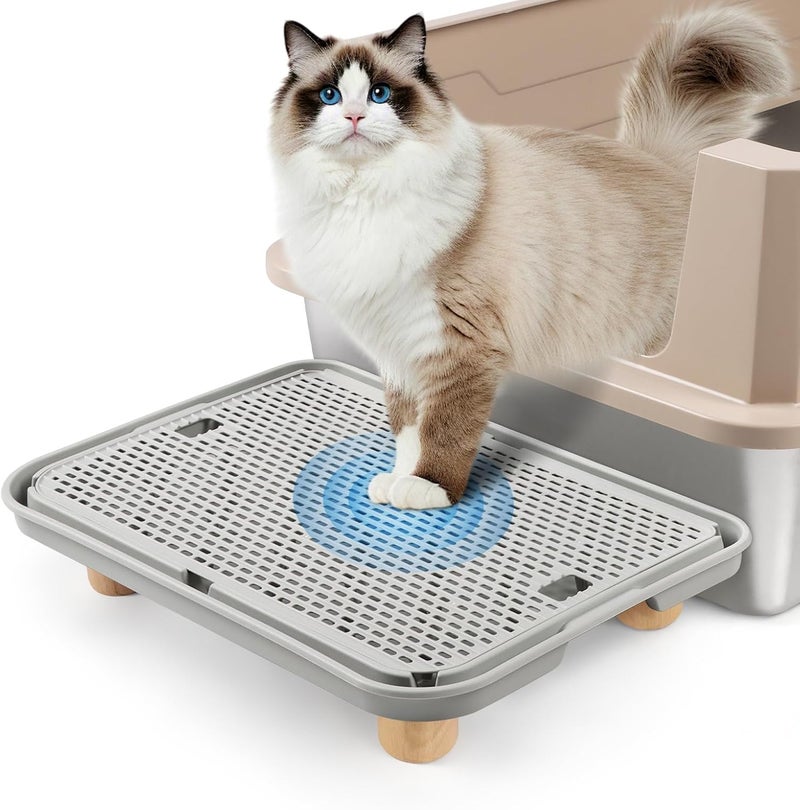 Bartuke Litter Box Step, Cat Ramp/Step/Catcher with Wooden Base, Filter Function, Easy to Clean, Filter Pedal Ideal for Kitten & Elderly Cats (Light Grey) - Image 1